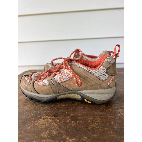 Merrell Womens Hiking Shoes Size 7 Vibram Sole Tan & Orange Mesh Leather Outdoor - Picture 4 of 5